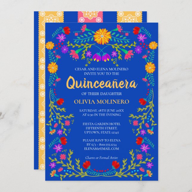 Invitation Royal Blue Fiesta Party Mexicaine Quinceanera (Devant / Derrière)