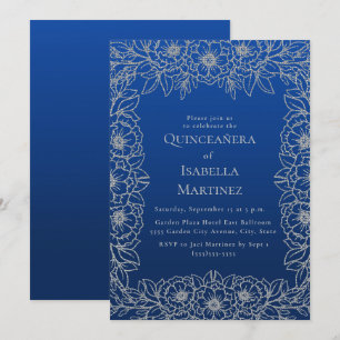 Invitation Royal Blue Fleur Argentée Quinceañera Douce 15