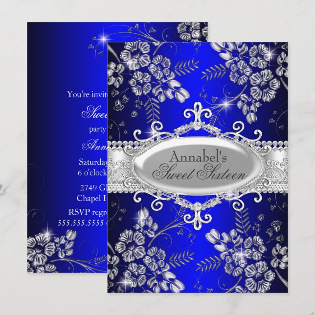Invitation Royal Blue Fleur Pailletée Argentée pou (Devant / Derrière)