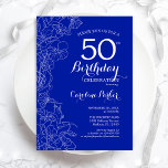 Invitation Royal Blue Floral 50e fête d'anniversaire<br><div class="desc">Royal Blue Floral 50th Birthday Party Invitation. Design moderne minimaliste avec accents de dessin botanique et police de script de typographie. Carte invitation simple et tendance,  parfaite pour une célébration anniversaire élégante. Peut être customisé à n'importe quel âge. Invitations Zazzle imprimées ou téléchargement instantané modèle imprimable numérique.</div>