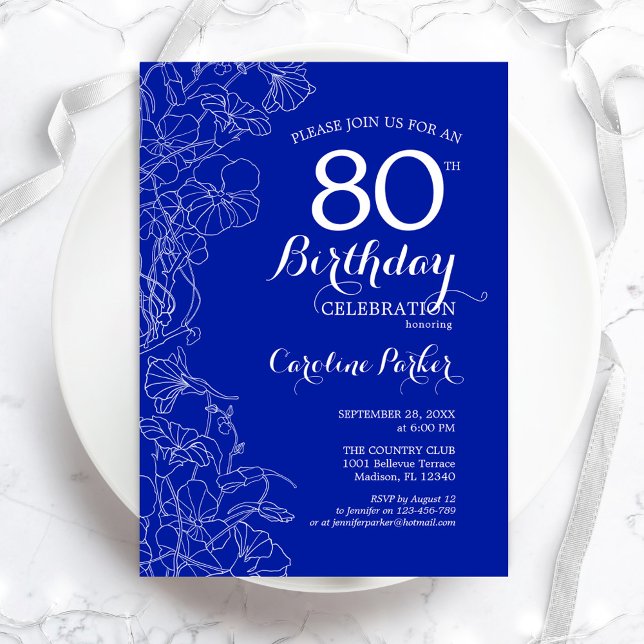 Invitation Royal Blue Floral 80e fête d'anniversaire (Créateur téléchargé)