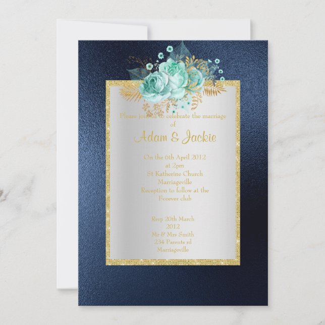 Invitation ROYAL BLUE Floral aqua ÉLÉGANT MARIAGE CLASSÉ (Devant)