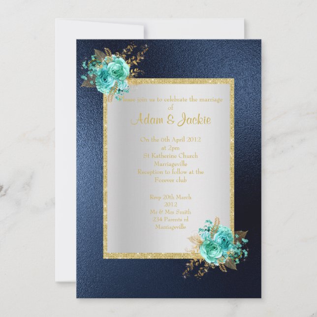Invitation ROYAL BLUE Floral aqua ÉLÉGANT MARIAGE CLASSÉ (Devant)