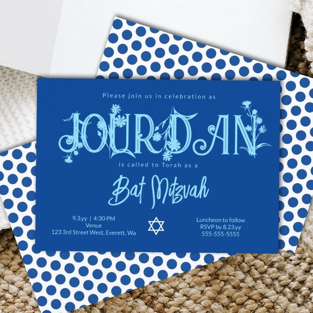 Invitation Royal Blue Floral Bat mitzvah, Pois (royal blue floral bat mitzvah invitation typographical letters word art wild flowers floral spring )
