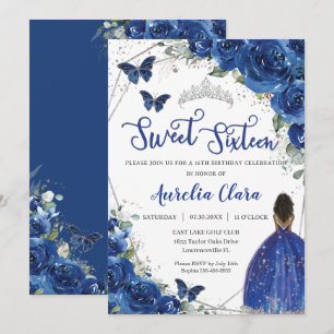 Invitation Royal Blue Floral Brown Princess Sweet 16 Annivers