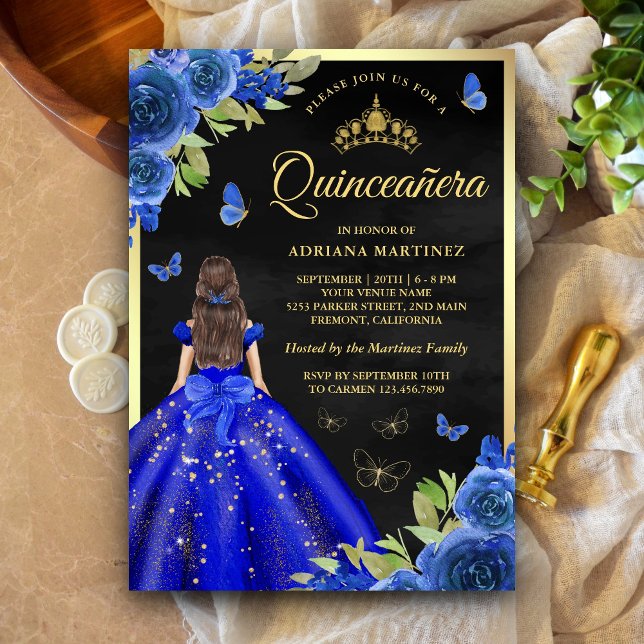 Invitation Royal Blue Floral Butterfly Black Gold Quinceanera (Créateur téléchargé)