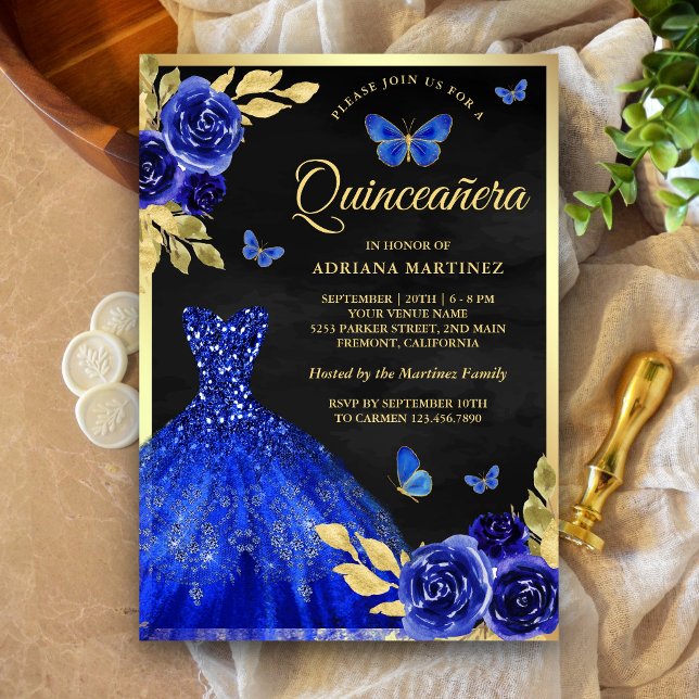 Invitation Royal Blue Floral Butterfly Black Gold Quinceanera (Créateur téléchargé)