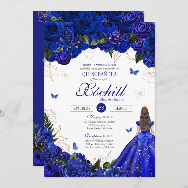 Invitation Royal Blue Floral Butterfly Elegant Quinceañera (Devant / Derrière)