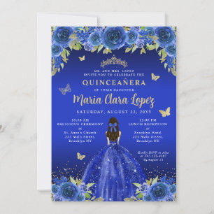 Invitation Royal Blue Floral Butterfly Princess Quinceanera