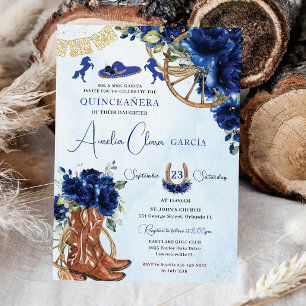 Invitation Royal Blue Floral Charro Cowgirl Quinceanera XV 15