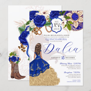 Invitation Royal Blue Floral Crest Rose Charro Quinceañera