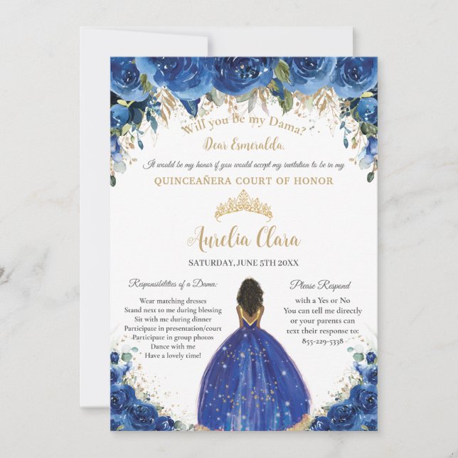 Invitation Royal Blue Floral Dama Demander Gold Quinceañera X (Devant)