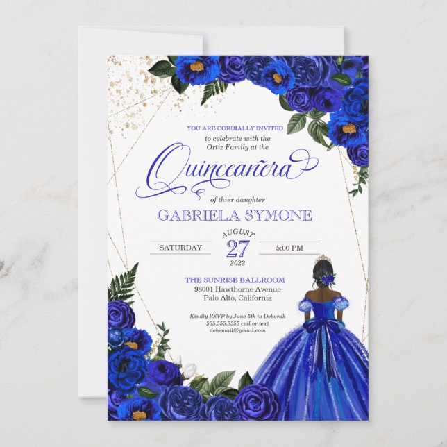 Invitation Royal Blue Floral Élégant Afrolatina Quinceanera I (Devant)