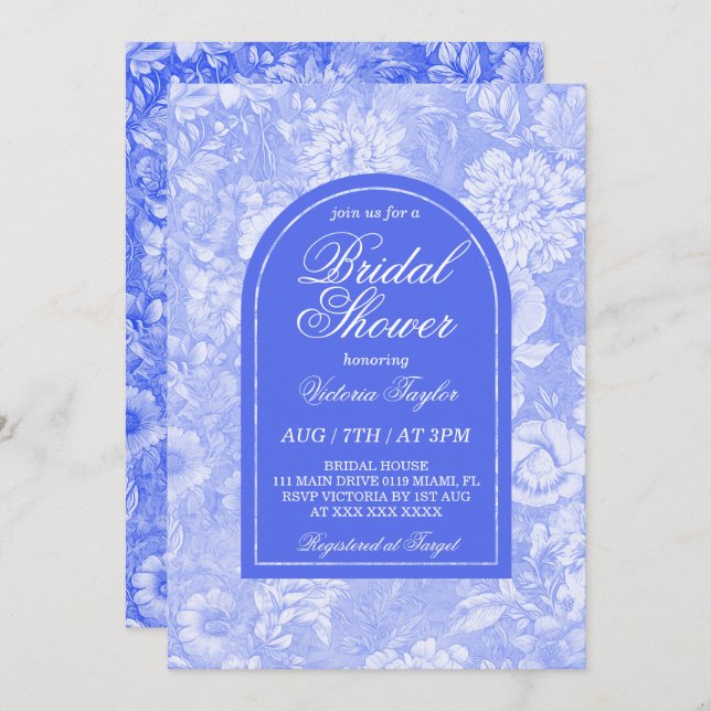 Invitation Royal Blue Floral Fête des mariées victorienne (Devant / Derrière)