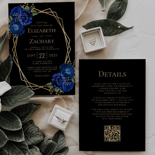 Invitation Royal Blue Floral Gold Black QR Code Mariage (Créateur téléchargé)