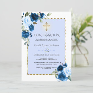 Invitation Royal Blue Floral Gold Cross Confirmation du garço