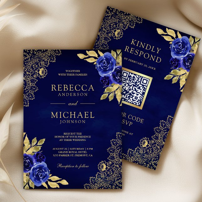 Invitation Royal Blue Floral Gold Lace QR Code Wedding (Créateur téléchargé)