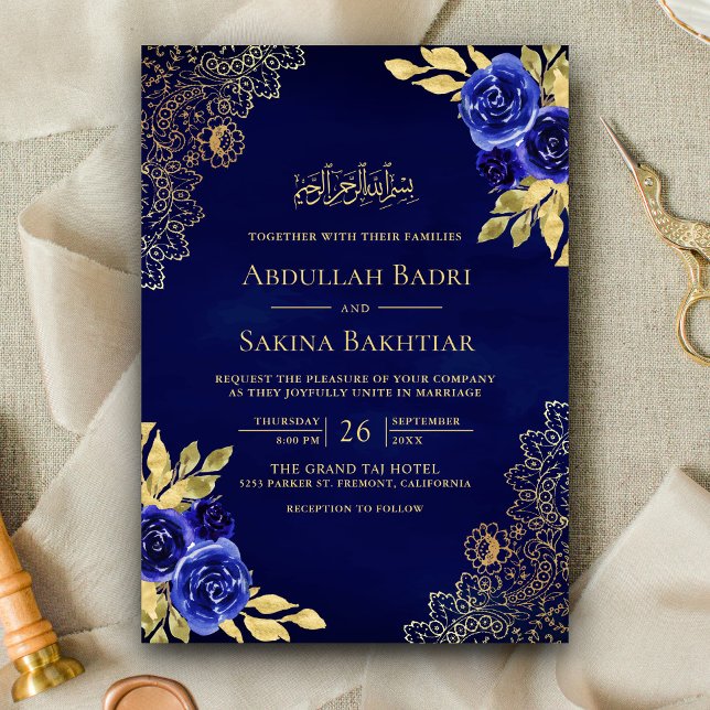Invitation Royal Blue Floral Lace QR Code Mariage musulman (Créateur téléchargé)