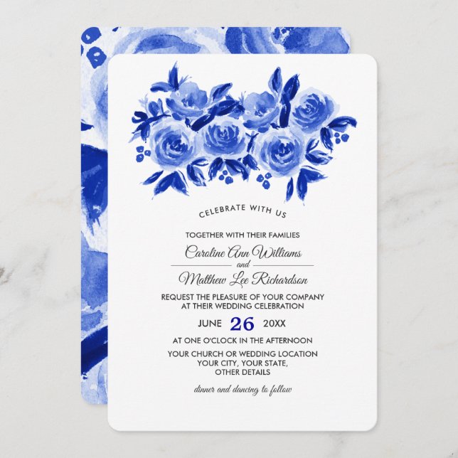 Invitation Royal Blue Floral Mariage aquarelle (Devant / Derrière)