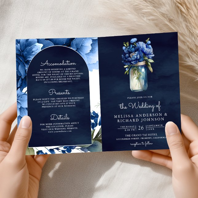 Invitation Royal Blue Floral Mason Jar QR Code Navy Wedding (Créateur téléchargé)