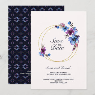 Invitation Royal Blue Floral Moderne Économisez La Date Maria
