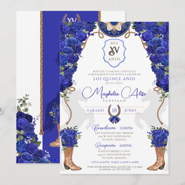 Invitation Royal Blue Floral Ouest Charro Quinceañera (Devant / Derrière)