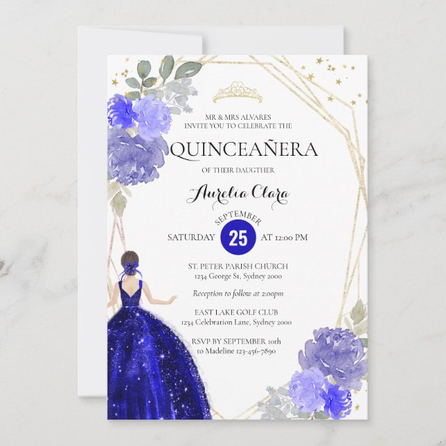 Invitation Royal Blue Floral Photo géométrique Quinceañera (Devant)