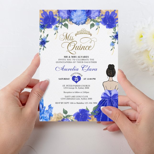 Invitation Royal Blue Floral Princess Mis Quince Quinceañera (Créateur téléchargé)