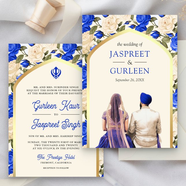 Invitation Royal Blue Floral Punjabi Anand Karaj Sikh Mariage (Créateur téléchargé)
