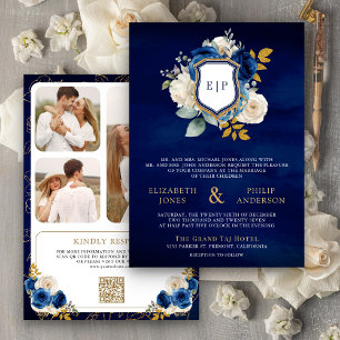 Invitation Royal Blue Floral QR Code Photo Crest Mariage