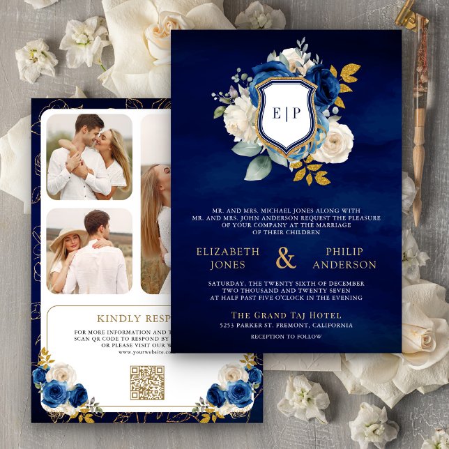 Invitation Royal Blue Floral QR Code Photo Crest Mariage (Créateur téléchargé)