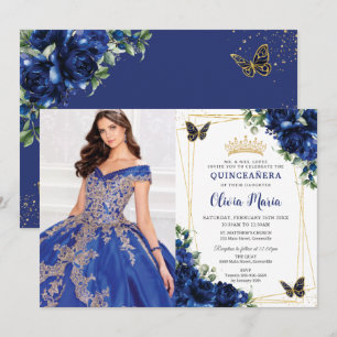 Invitation Royal Blue Floral Quinceañera Papillons photo