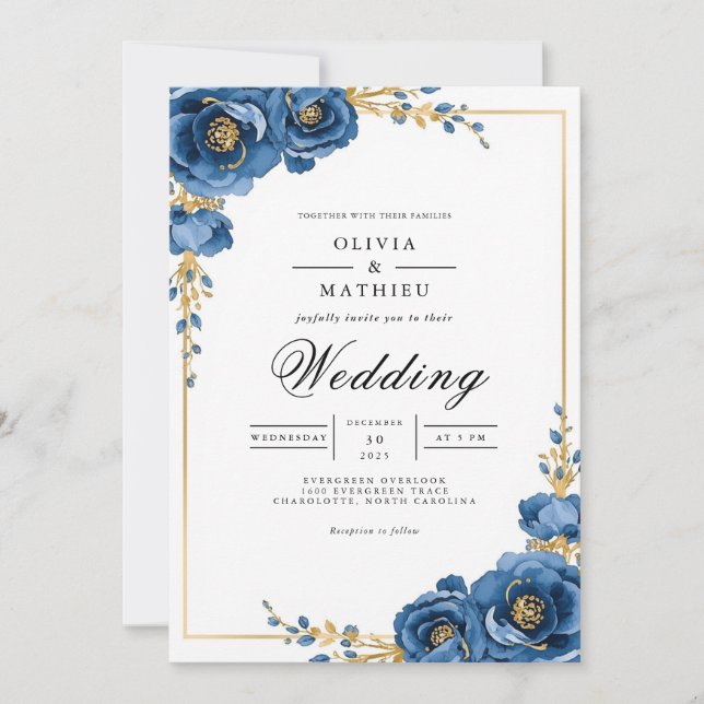 Invitation Royal Blue Floral Romance Mariage (Devant)