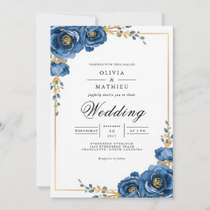 Invitation Royal Blue Floral Romance Mariage