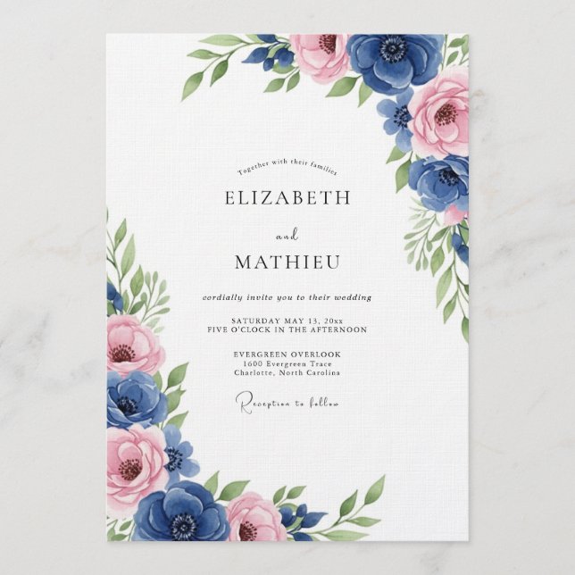 Invitation Royal Blue Floral Romance Wedding (Devant)