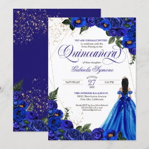 Invitation Royal Blue Floral Rose & Gold Elegant Quinceañera