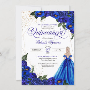 Invitation Royal Blue Floral Rose & Gold Elegant Quinceañera