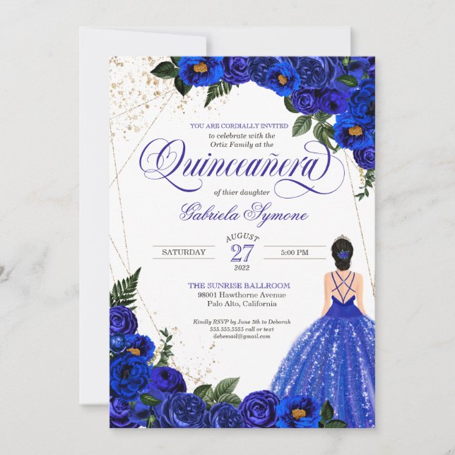 Invitation Royal Blue Floral Rose & Gold Elegant Quinceañera  (Devant)