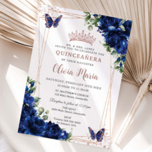 Invitation Royal Blue Floral Rose Gold Quinceañera Papillon