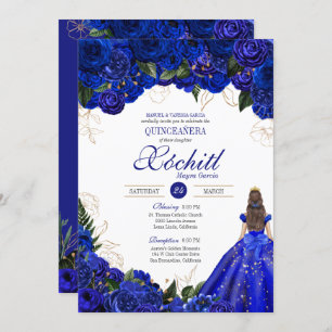Invitation Royal Blue Floral Roses élégant Quinceañera