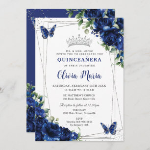 Invitation Royal Blue Floral Silver Quinceañera Papillons