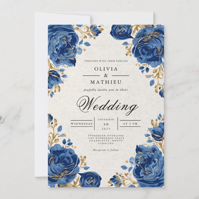 Invitation Royal Blue Floral Whimsy Mariage (Devant)