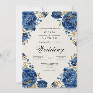 Invitation Royal Blue Floral Whimsy Mariage