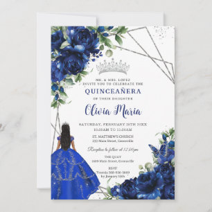 Invitation Royal Blue Flowers Princesse Silver Quinceañera