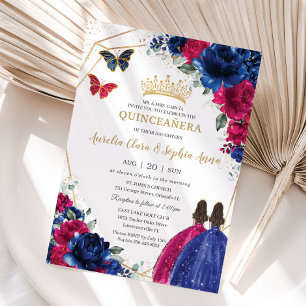 Invitation Royal Blue Fuchsia rose Floral Twins Quinceañera