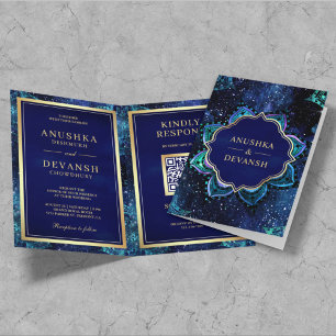 Invitation Royal Blue Galaxy Mandala QR Code Mariage indien