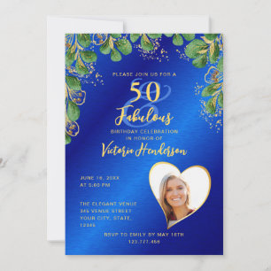 Invitation Royal Blue & Gold 50 & Fabulous Greenery Birthday