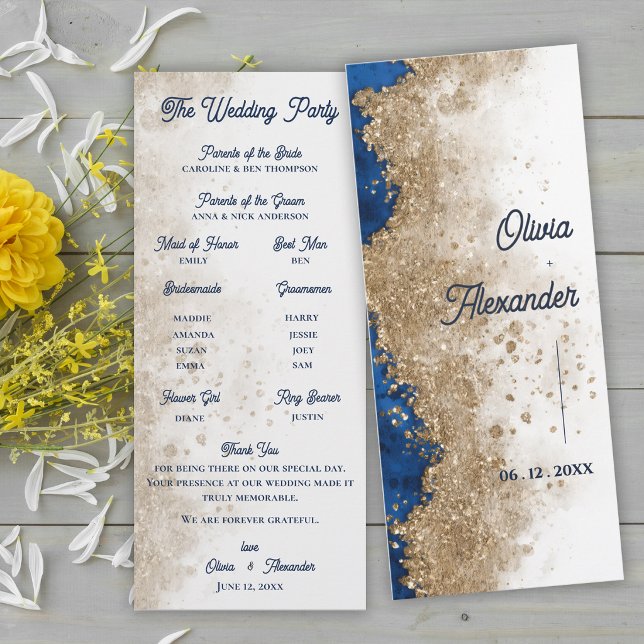 Invitation Royal Blue Gold Abstract Wedding Ceremony Program (Royal Blue Gold Wedding Program Card | Elegant Formal Ceremony Program)
