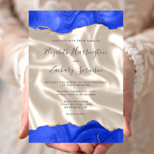 Invitation Royal Blue Gold Agate Mariage en soie ivoire