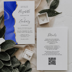 Invitation Royal Blue Gold Agate QR Code Mariage